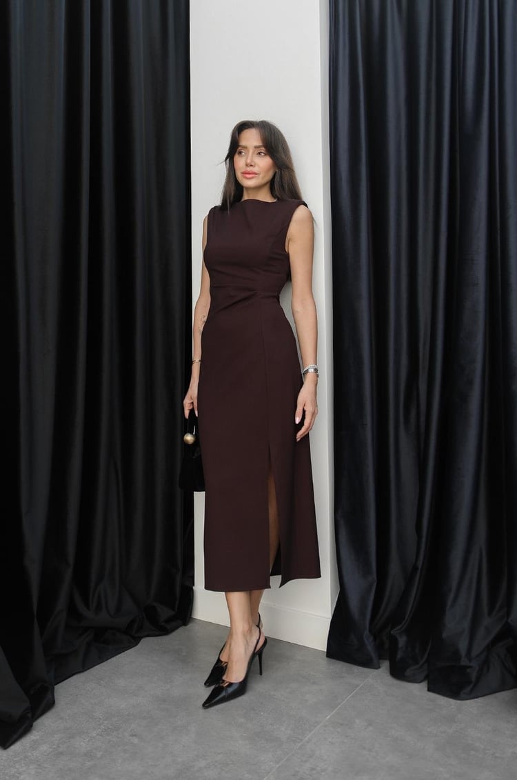 Mürdüm Nick Yırtmaçlı Vatkalı Elbise