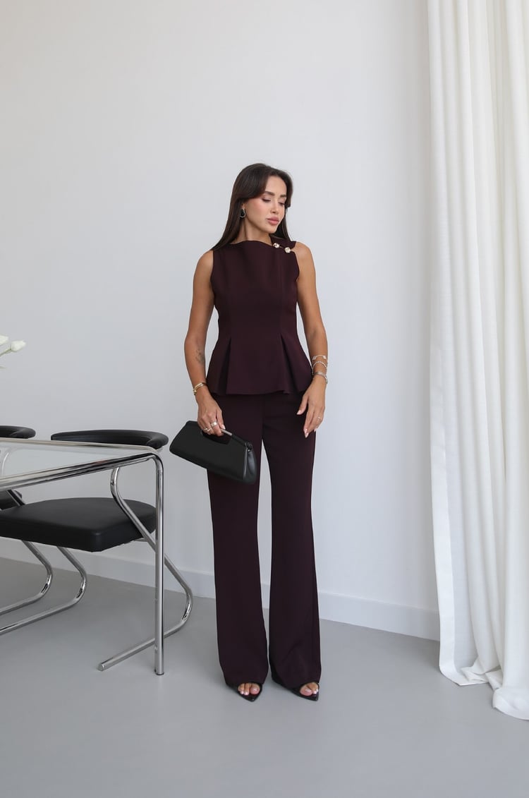 Mürdüm Omzu Gold Düğme Detaylı Bluz Pantolon Takım