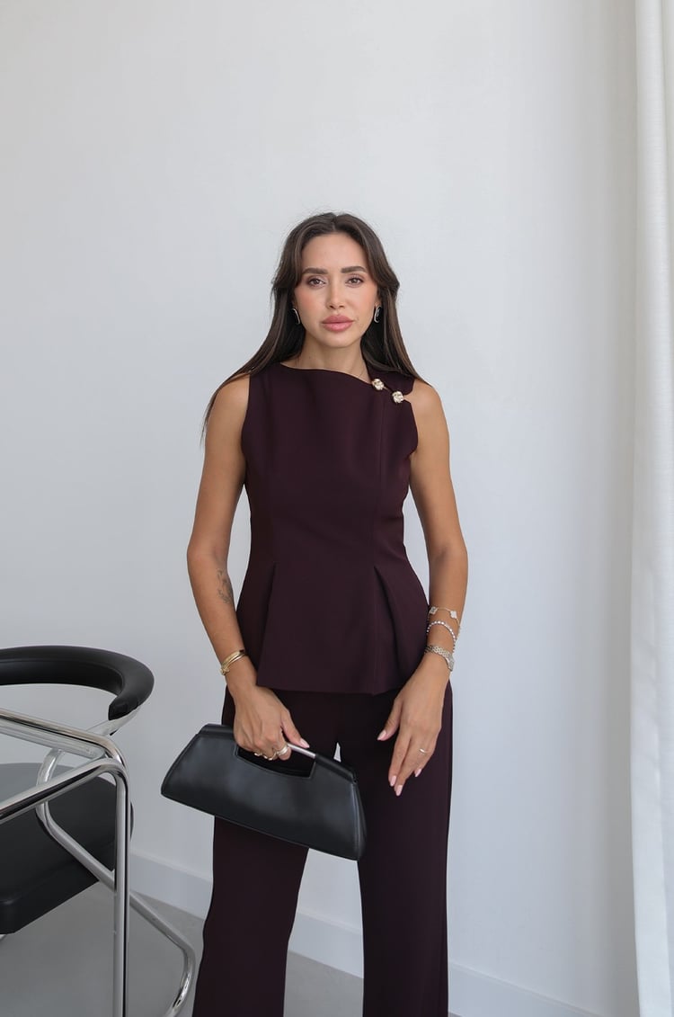Mürdüm Omzu Gold Düğme Detaylı Bluz Pantolon Takım