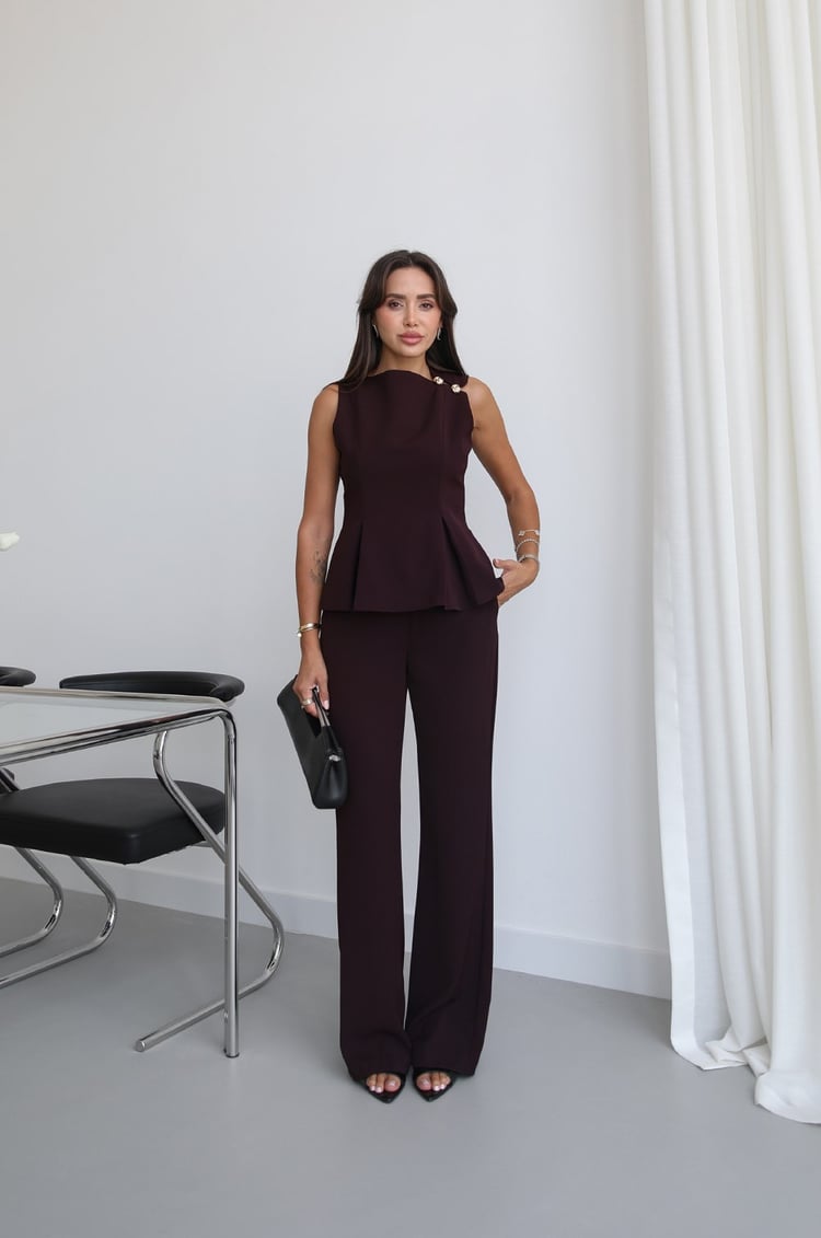 Mürdüm Omzu Gold Düğme Detaylı Bluz Pantolon Takım