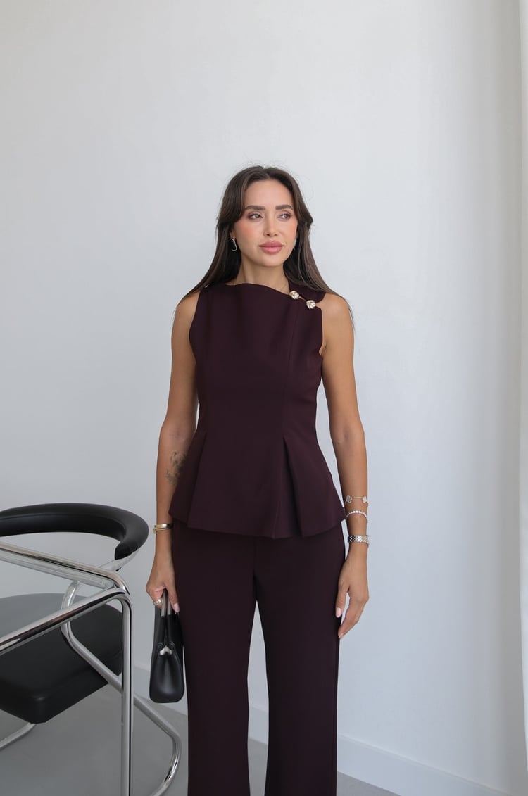 Mürdüm Omzu Gold Düğme Detaylı Bluz Pantolon Takım