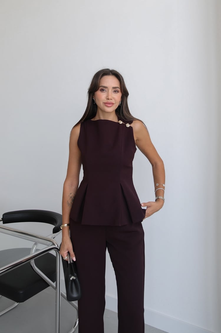 Mürdüm Omzu Gold Düğme Detaylı Bluz Pantolon Takım