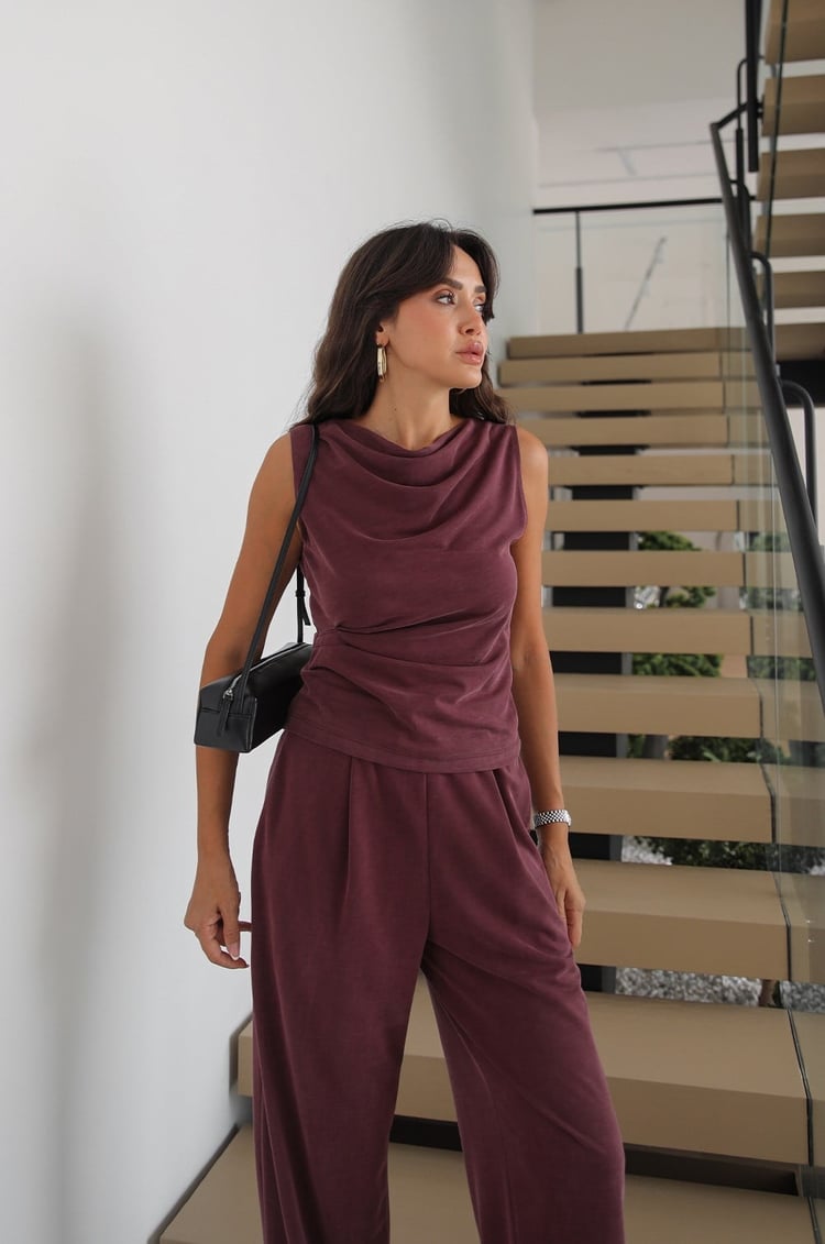 Mürdüm Ön Drapeli Bluz Pantolon Takım