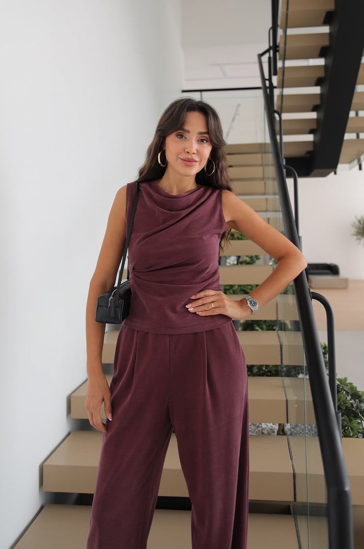 Mürdüm Ön Drapeli Bluz Pantolon Takım