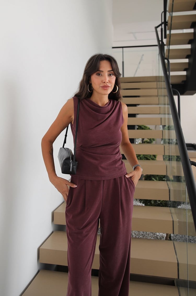 Mürdüm Ön Drapeli Bluz Pantolon Takım