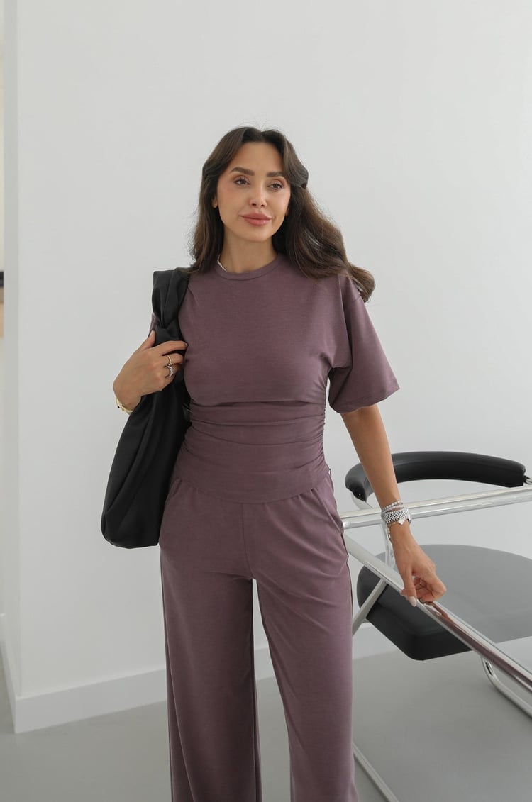 Mürdüm Swanky Yanları Büzgülü Bluz Pantolon Takım