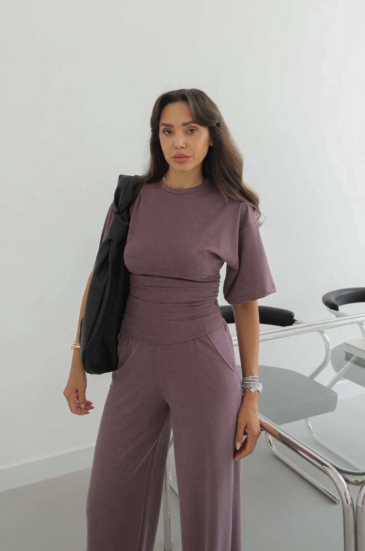 Mürdüm Swanky Yanları Büzgülü Bluz Pantolon Takım