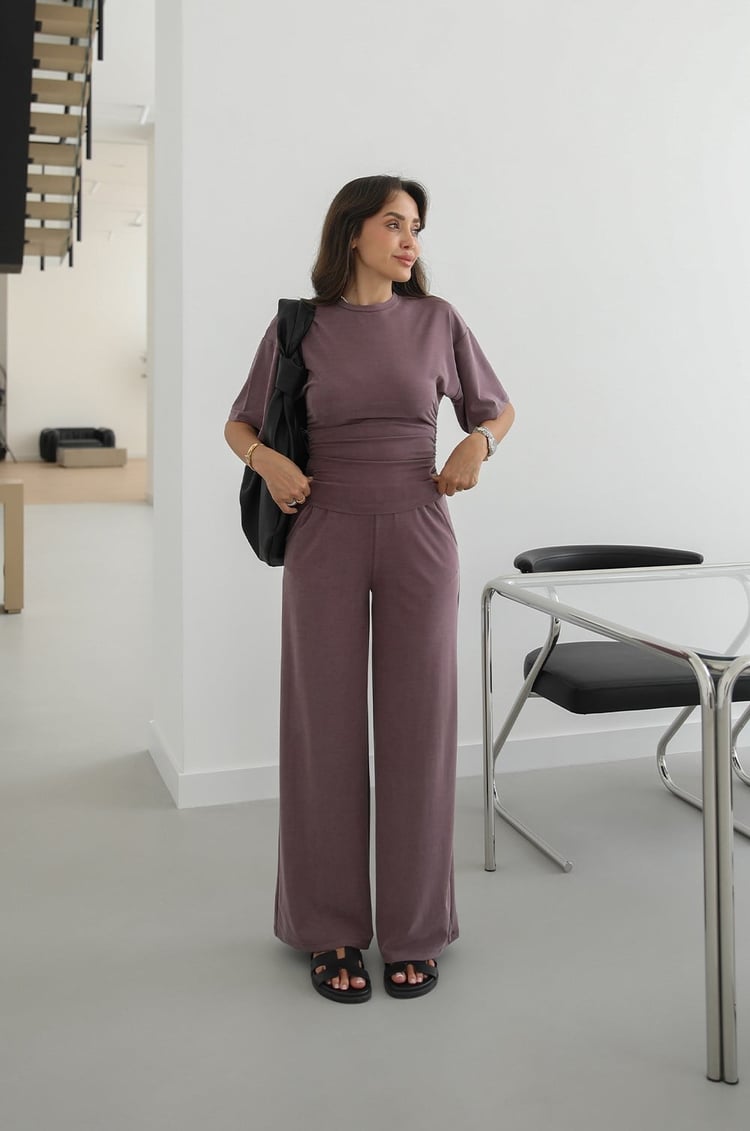 Mürdüm Swanky Yanları Büzgülü Bluz Pantolon Takım