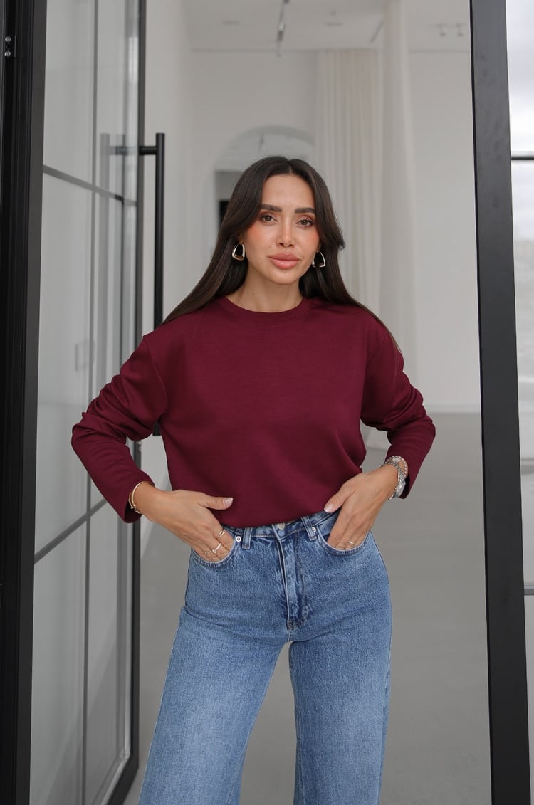 Mürdüm Tinta Bisiklet Yaka İnce Sweatshirt