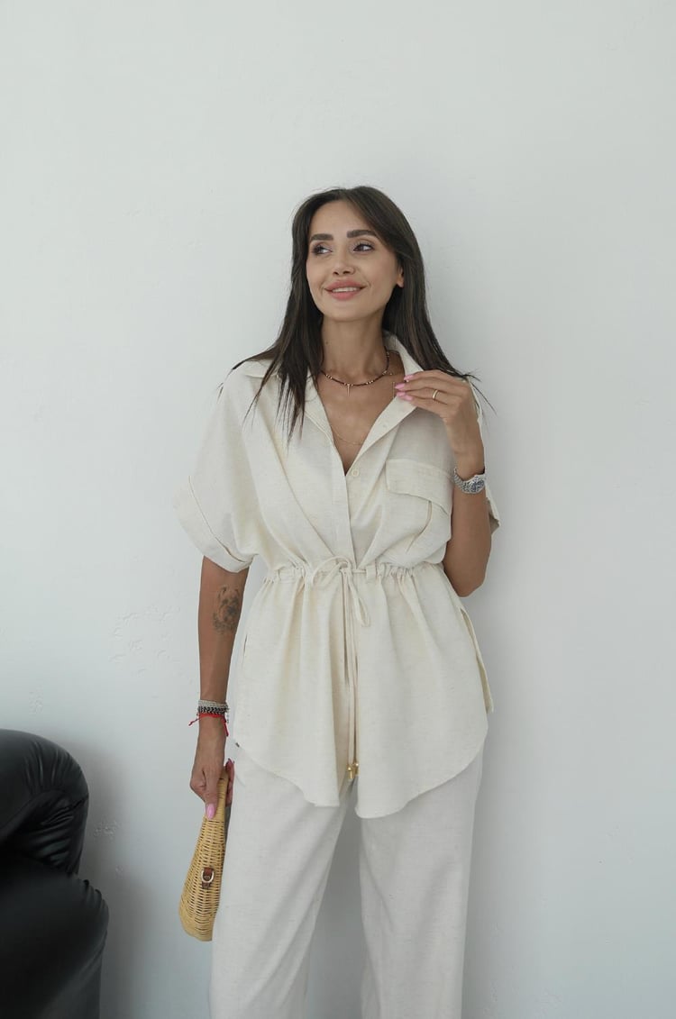 Natural Beli Büzgülü Bluz Pantolon Takım