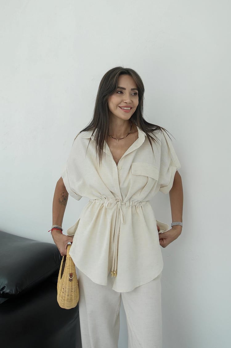 Natural Beli Büzgülü Bluz Pantolon Takım