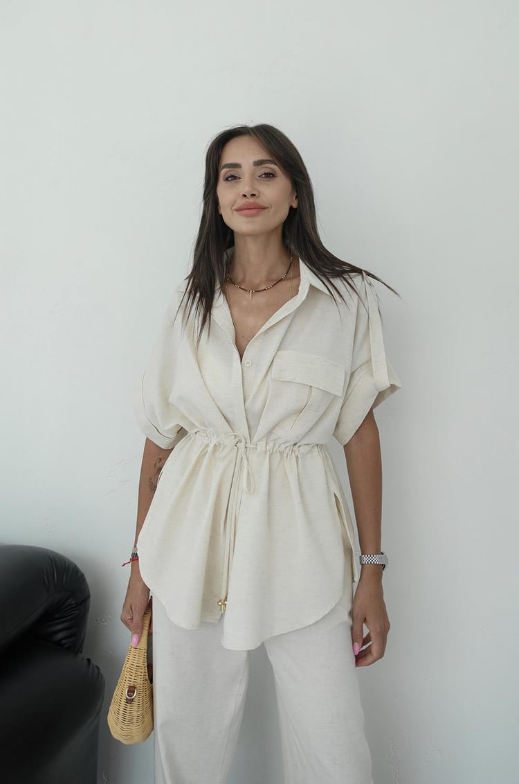 Natural Beli Büzgülü Bluz Pantolon Takım