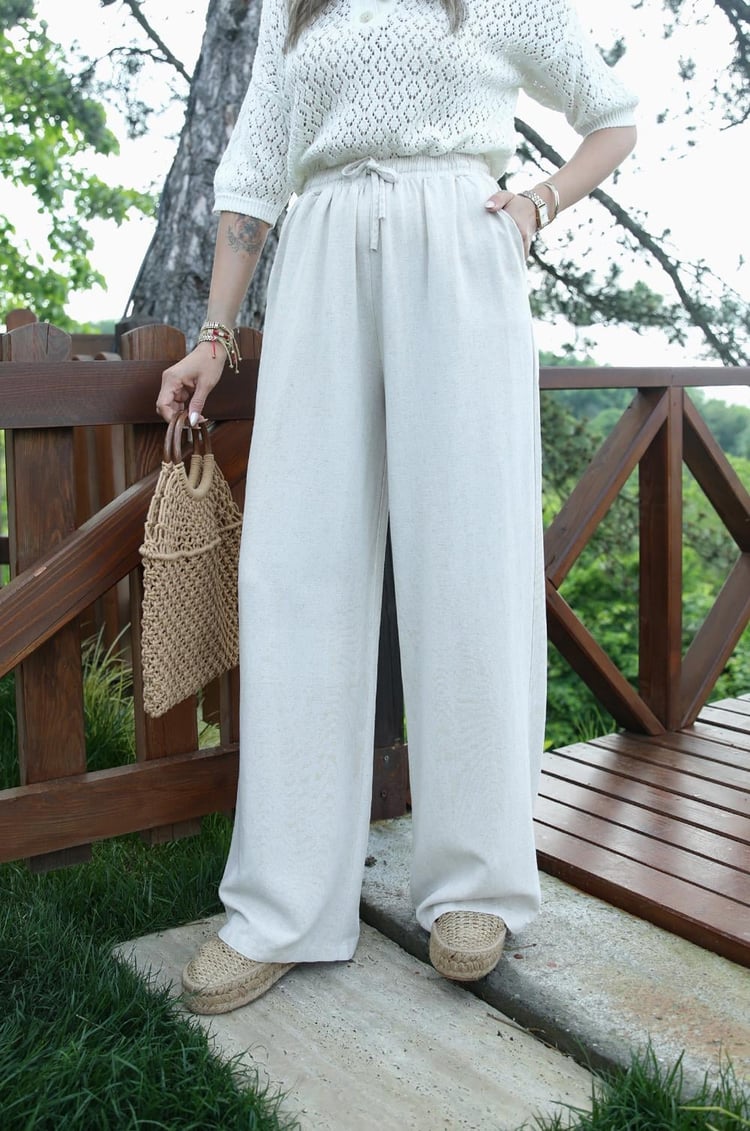Natural Beli İpli Keten Pantolon