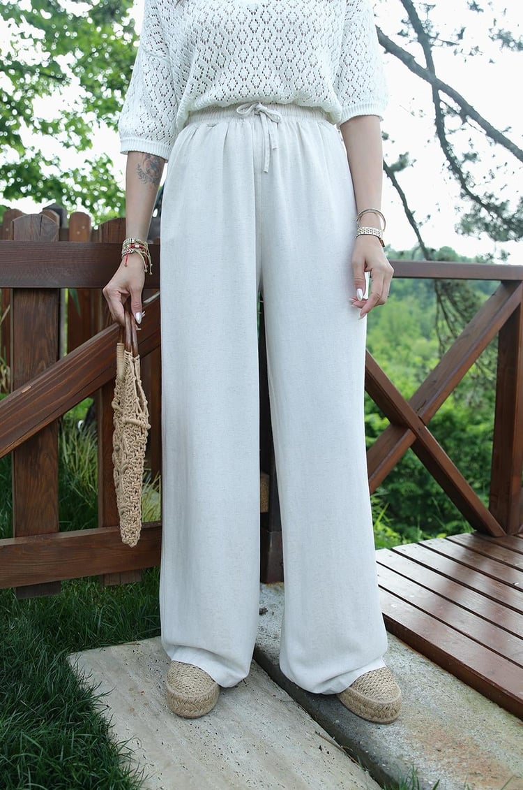 Natural Beli İpli Keten Pantolon