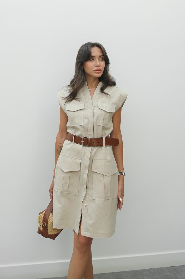 Natural Dört Cepli Kemerli Keten Karışımlı Elbise