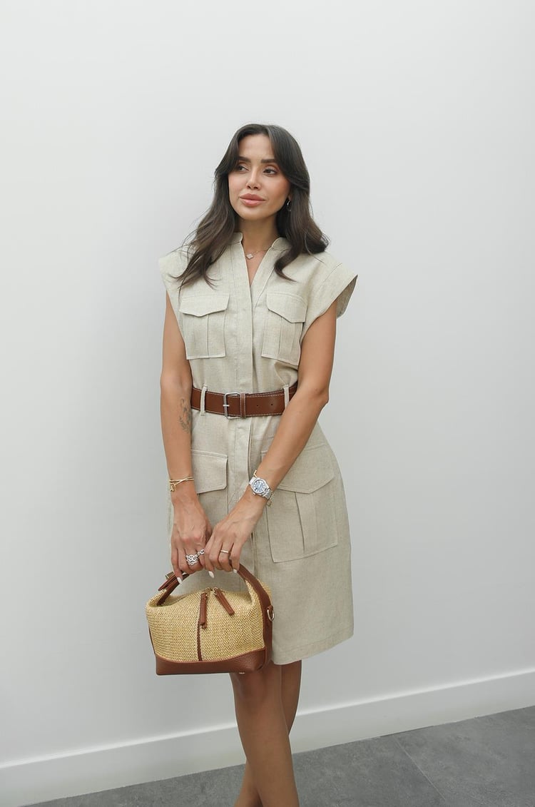 Natural Dört Cepli Kemerli Keten Karışımlı Elbise