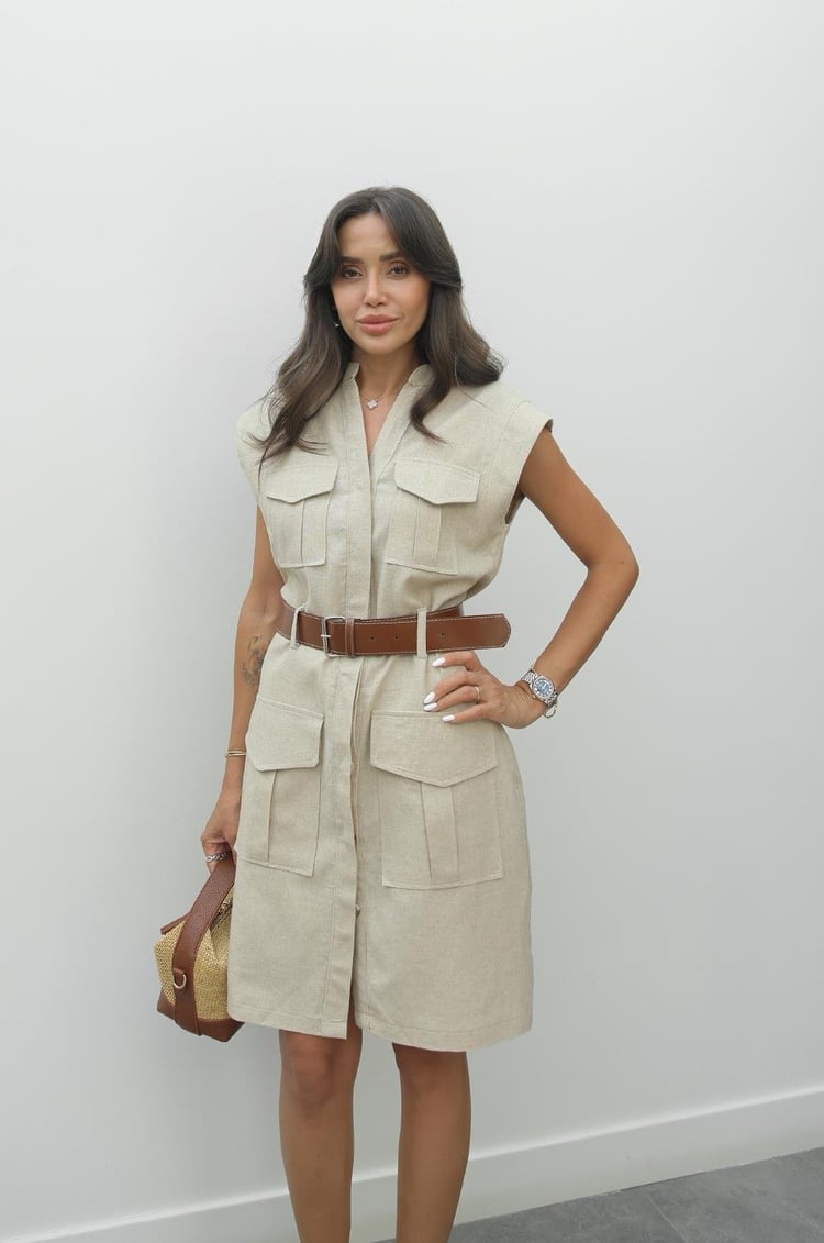Natural Dört Cepli Kemerli Keten Karışımlı Elbise