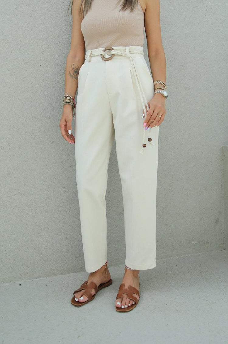Natural Halka Kemerli Keten Pantolon