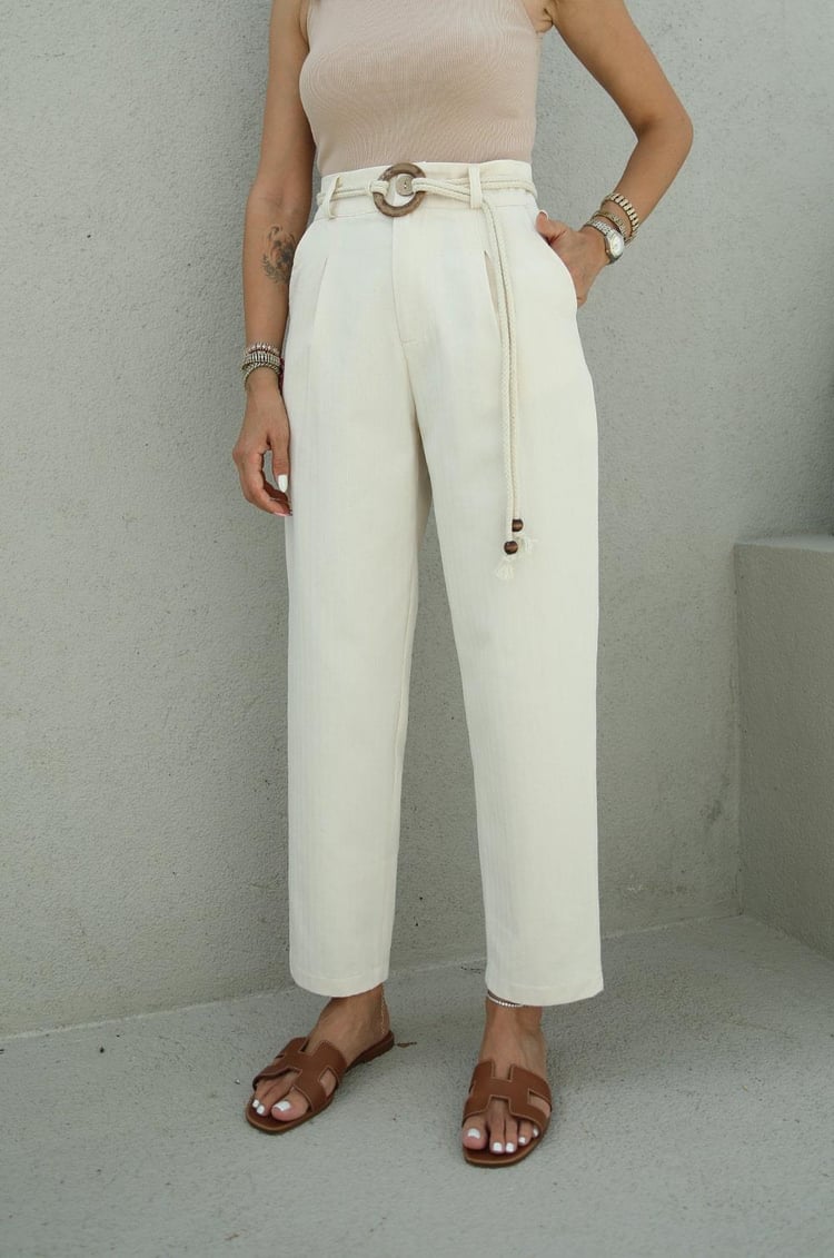 Natural Halka Kemerli Keten Pantolon