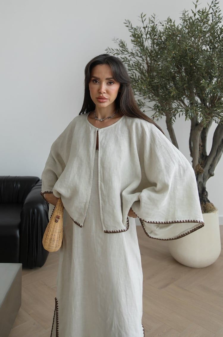Natural Kenar İşlemeli Bluz Elbise Takım