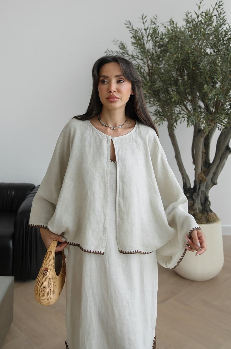 Natural Kenar İşlemeli Bluz Elbise Takım