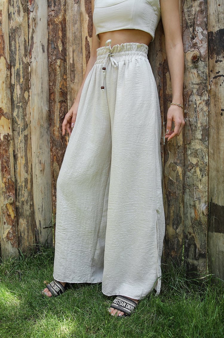 Natural Paçası Yırtmaçlı Pantolon Crop Gömlek Takım