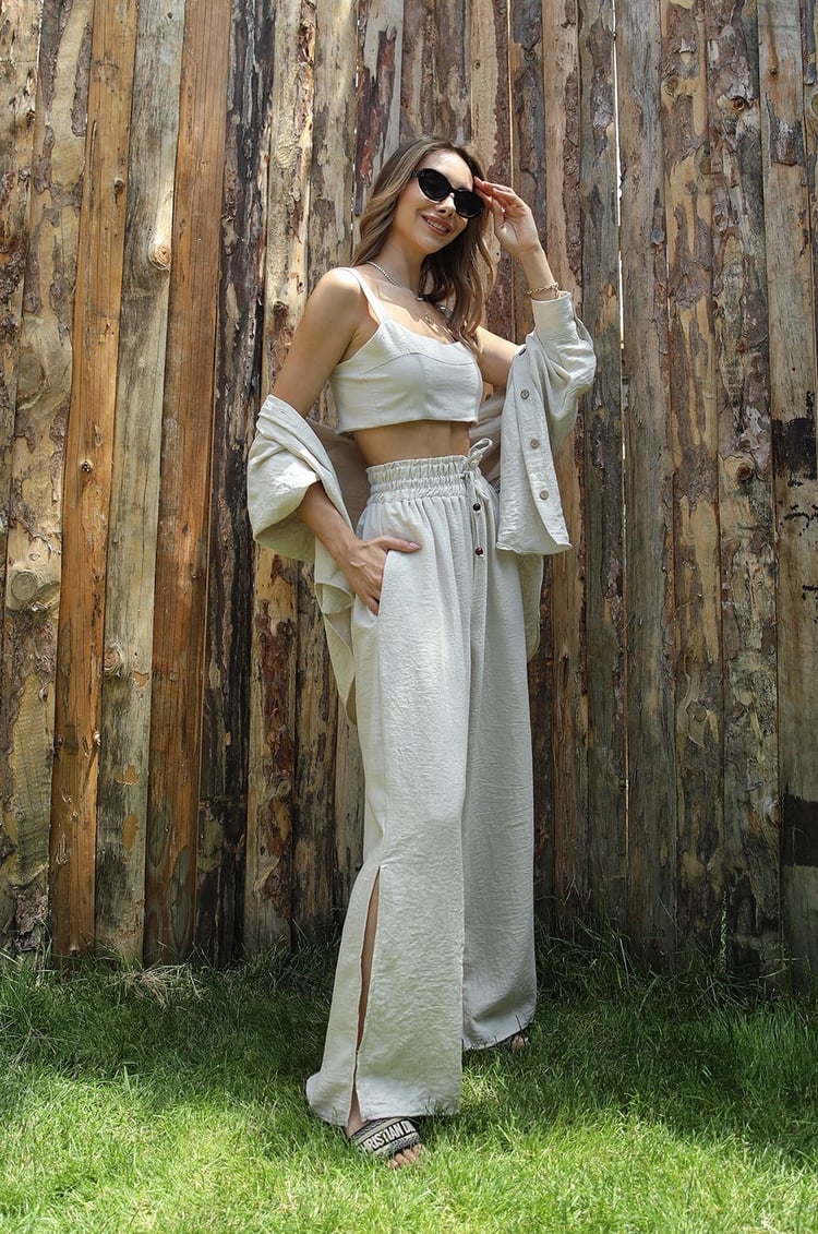 Natural Paçası Yırtmaçlı Pantolon Crop Gömlek Takım