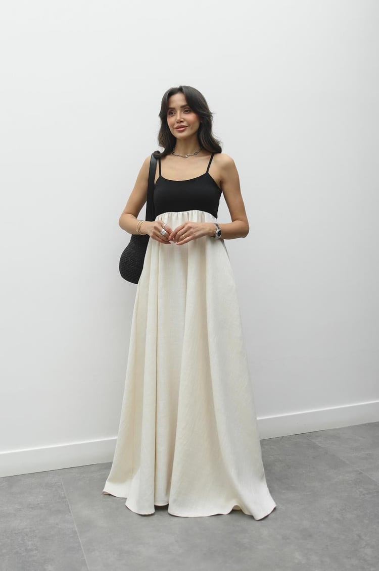 Natural Patchwork Maxi Keten Elbise
