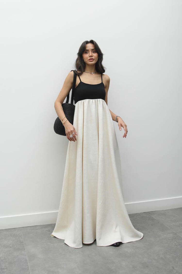 Natural Patchwork Maxi Keten Elbise