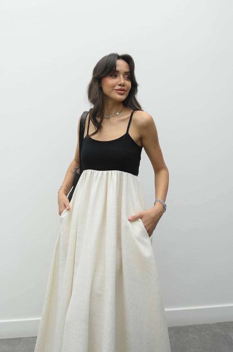 Natural Patchwork Maxi Keten Elbise