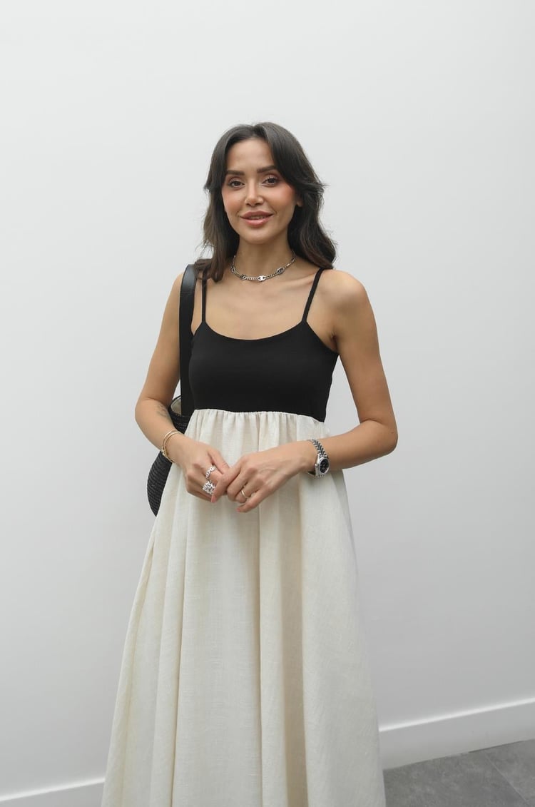 Natural Patchwork Maxi Keten Elbise