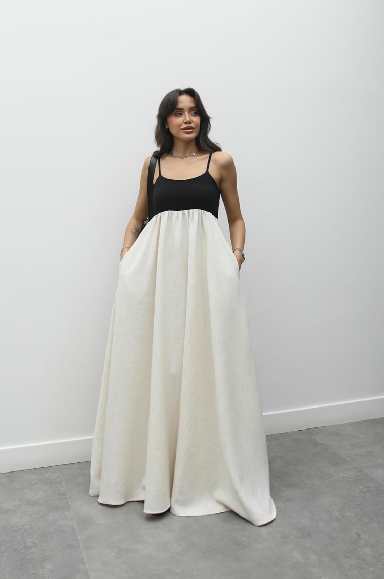 Natural Patchwork Maxi Keten Elbise