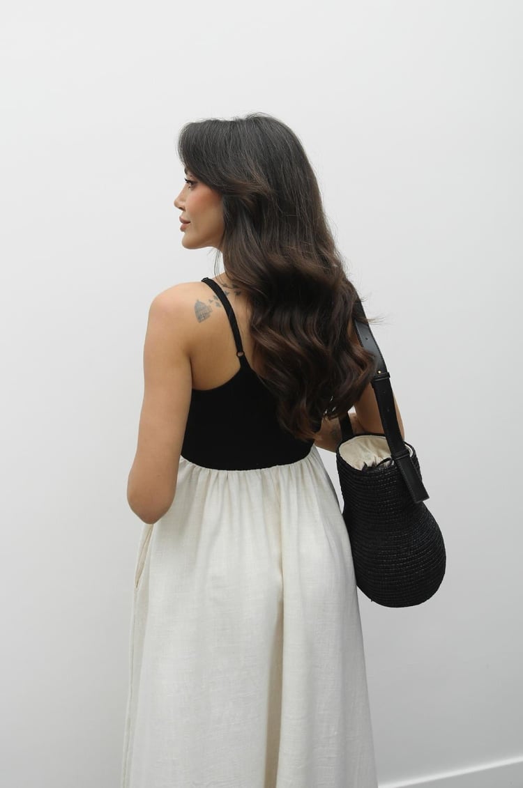 Natural Patchwork Maxi Keten Elbise