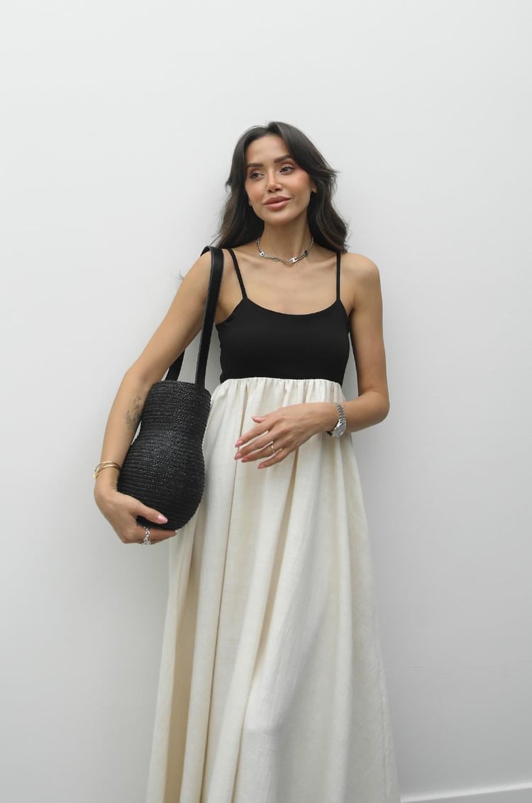 Natural Patchwork Maxi Keten Elbise