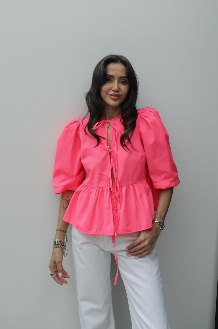 Neon Pembe Voleta Önü Bağlamalı Bluz