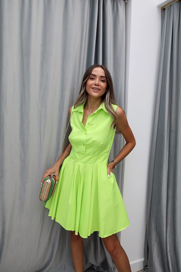 Neon Yeşil Sıfır Kol Elbise