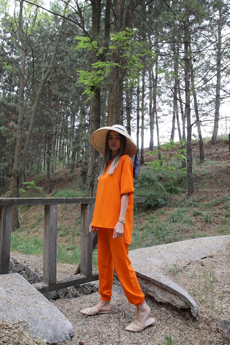 Orange Paçası Lastikli Keten Takım