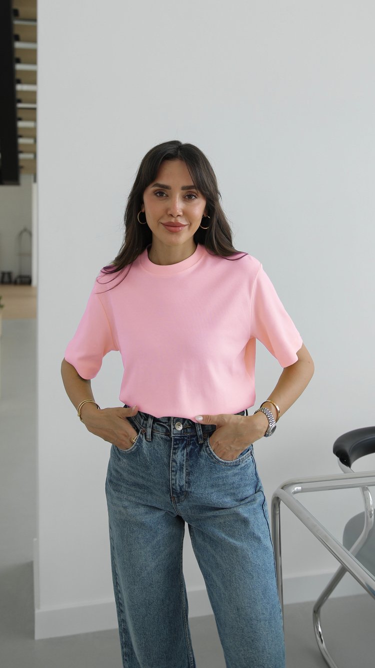 Pembe %100 Pamuk Bisiklet Yaka Tişört