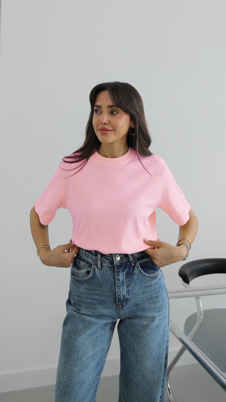 Pembe %100 Pamuk Bisiklet Yaka Tişört