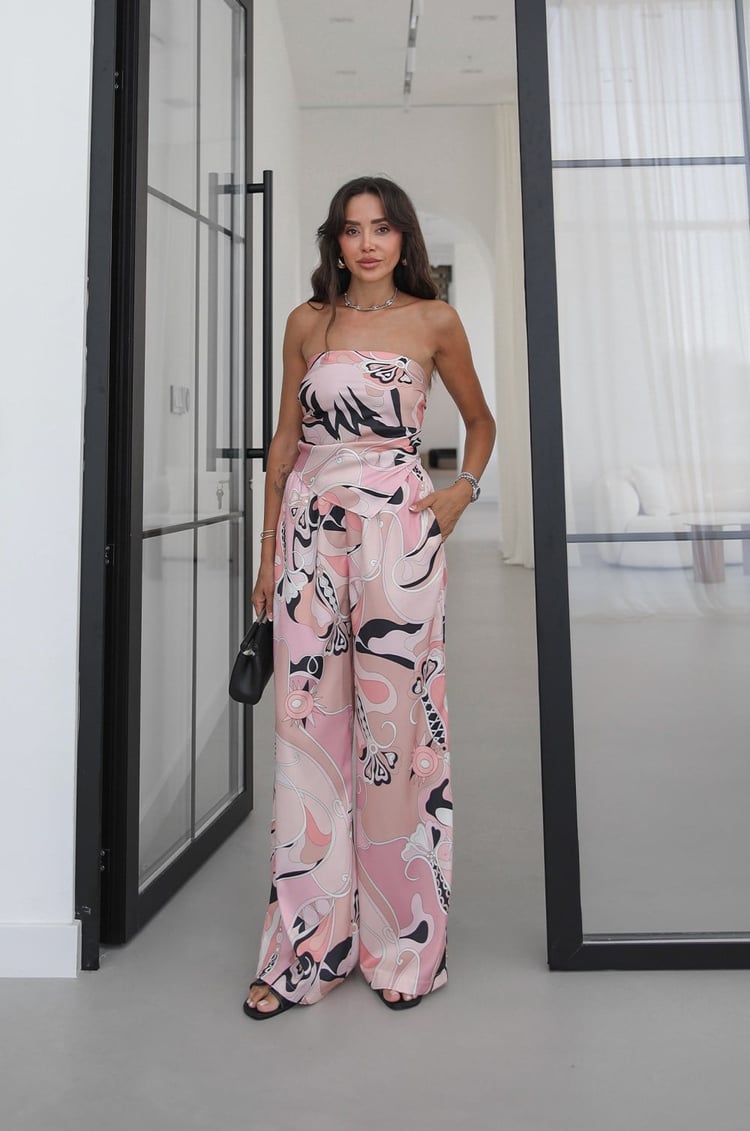 Pembe Abstract Desenli Straplez Bluz Pantolon Takım