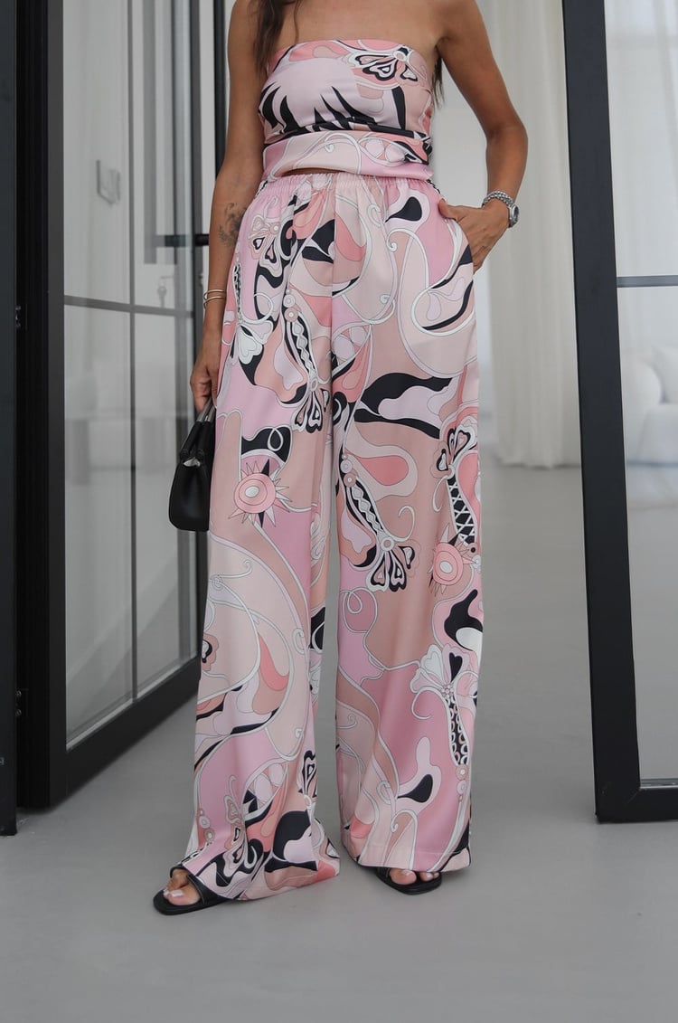 Pembe Abstract Desenli Straplez Bluz Pantolon Takım