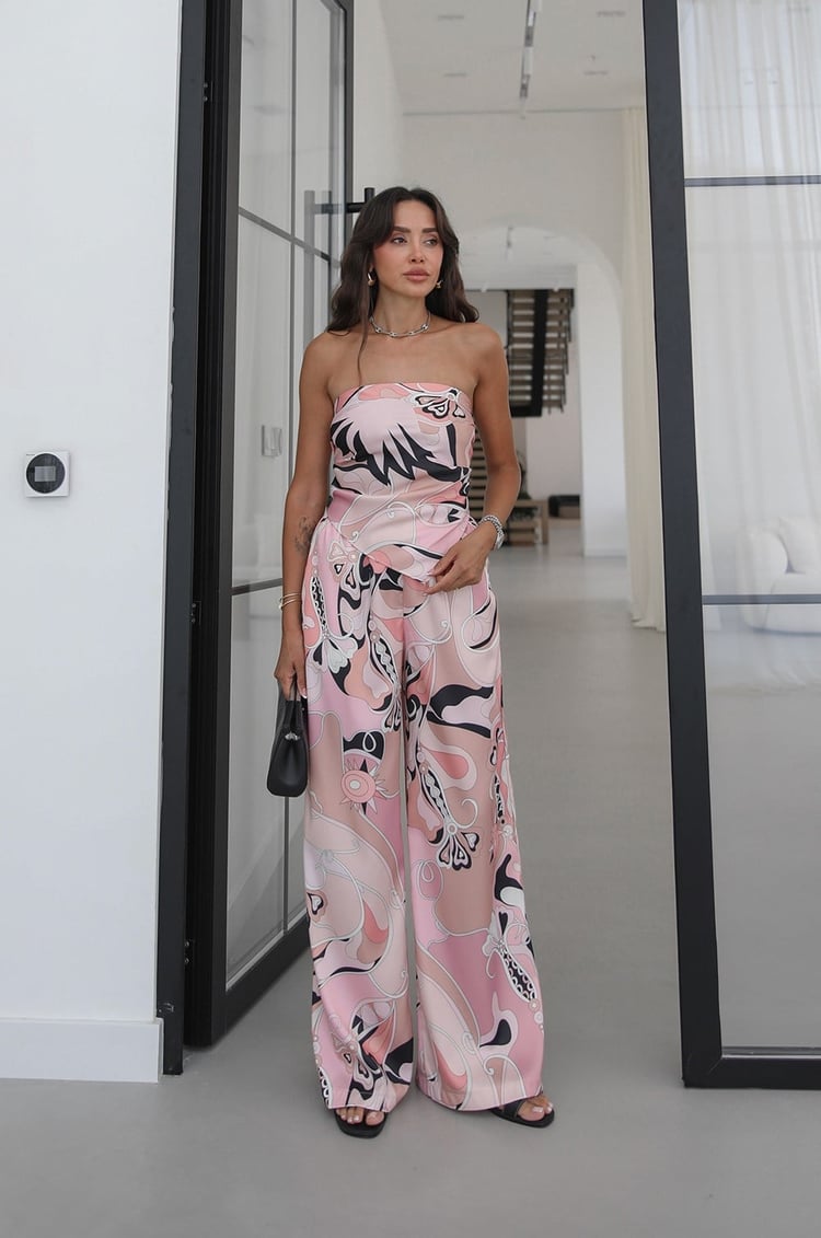 Pembe Abstract Desenli Straplez Bluz Pantolon Takım