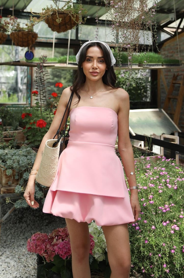 Pembe Altı Balon Straplez Elbise