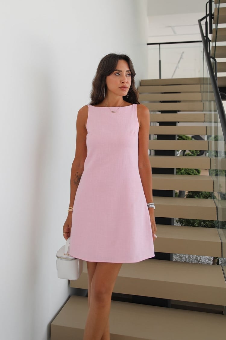 Pembe Antoryum Keten Elbise