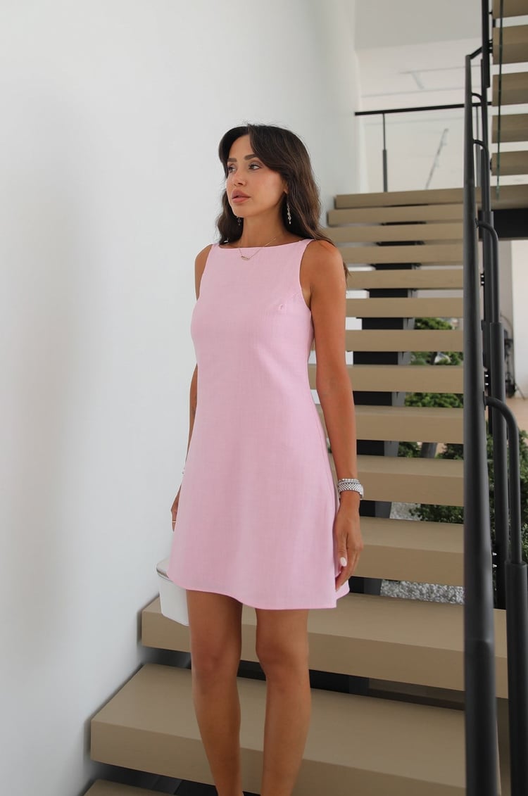 Pembe Antoryum Keten Elbise