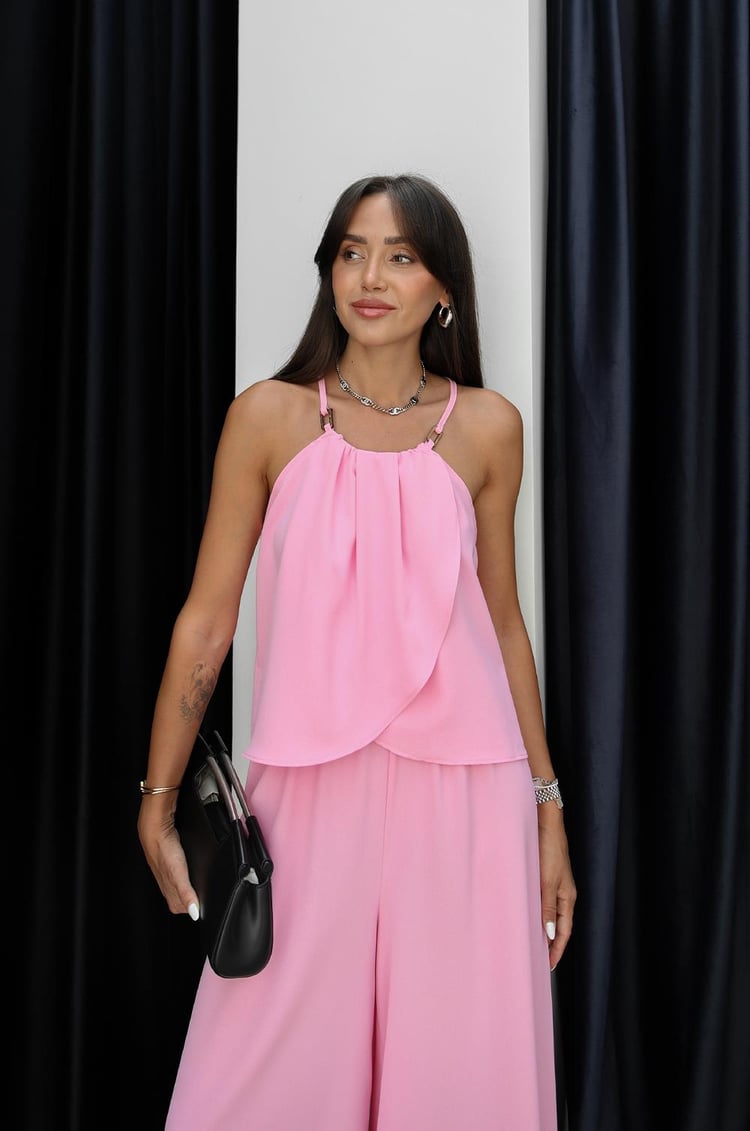 Pembe Askısı Aksesuar Detaylı Bluz Pantolon Takım