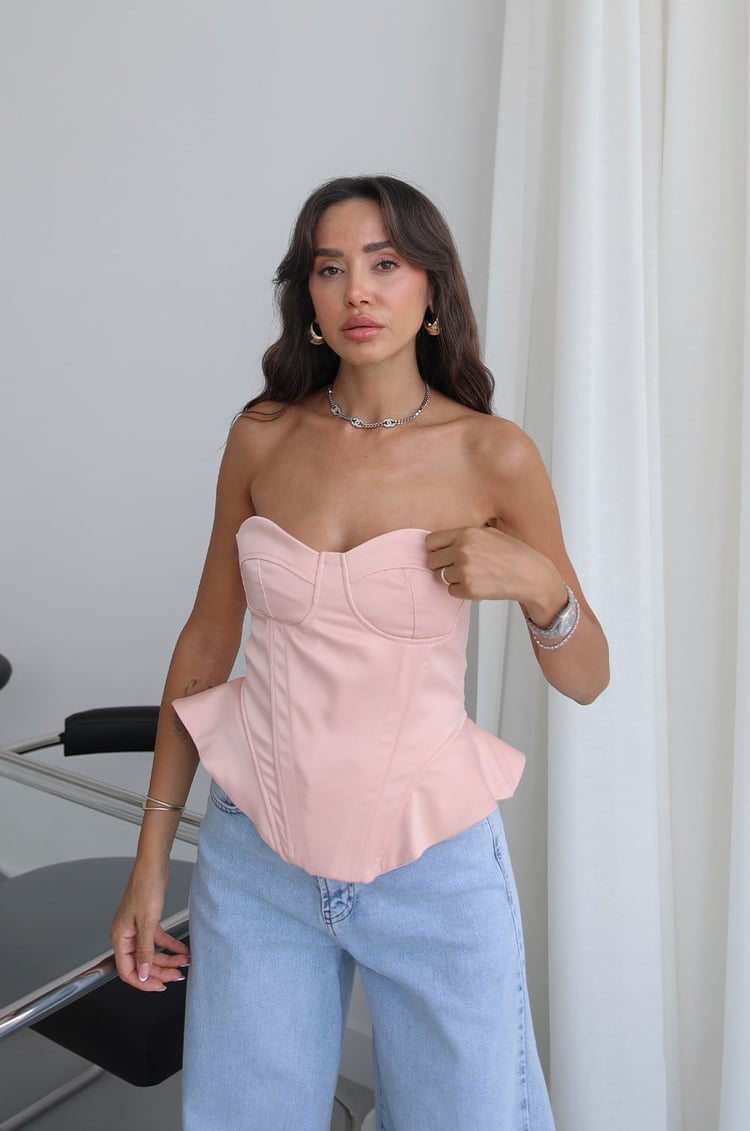 Pembe Balenli Saten Bluz