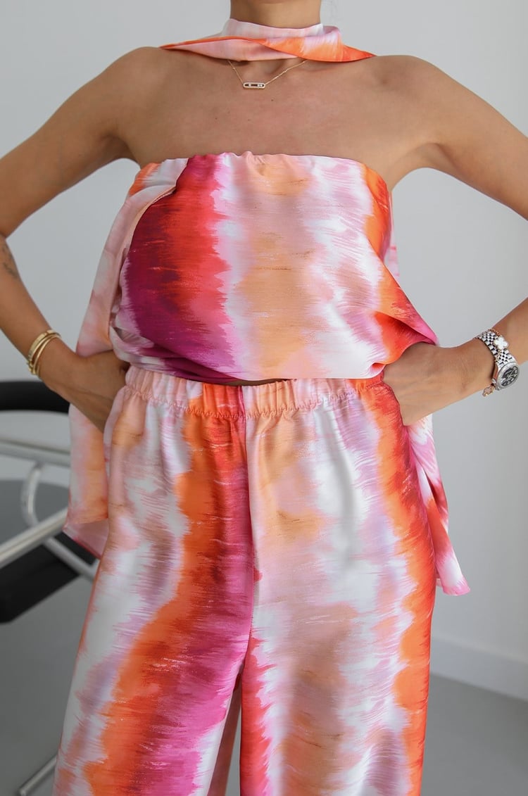 Pembe Batik Desen Straplez Bluz Pantolon Takım