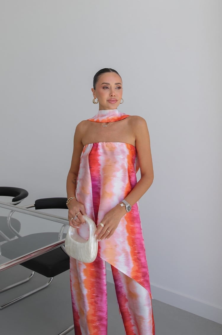 Pembe Batik Desen Straplez Bluz Pantolon Takım