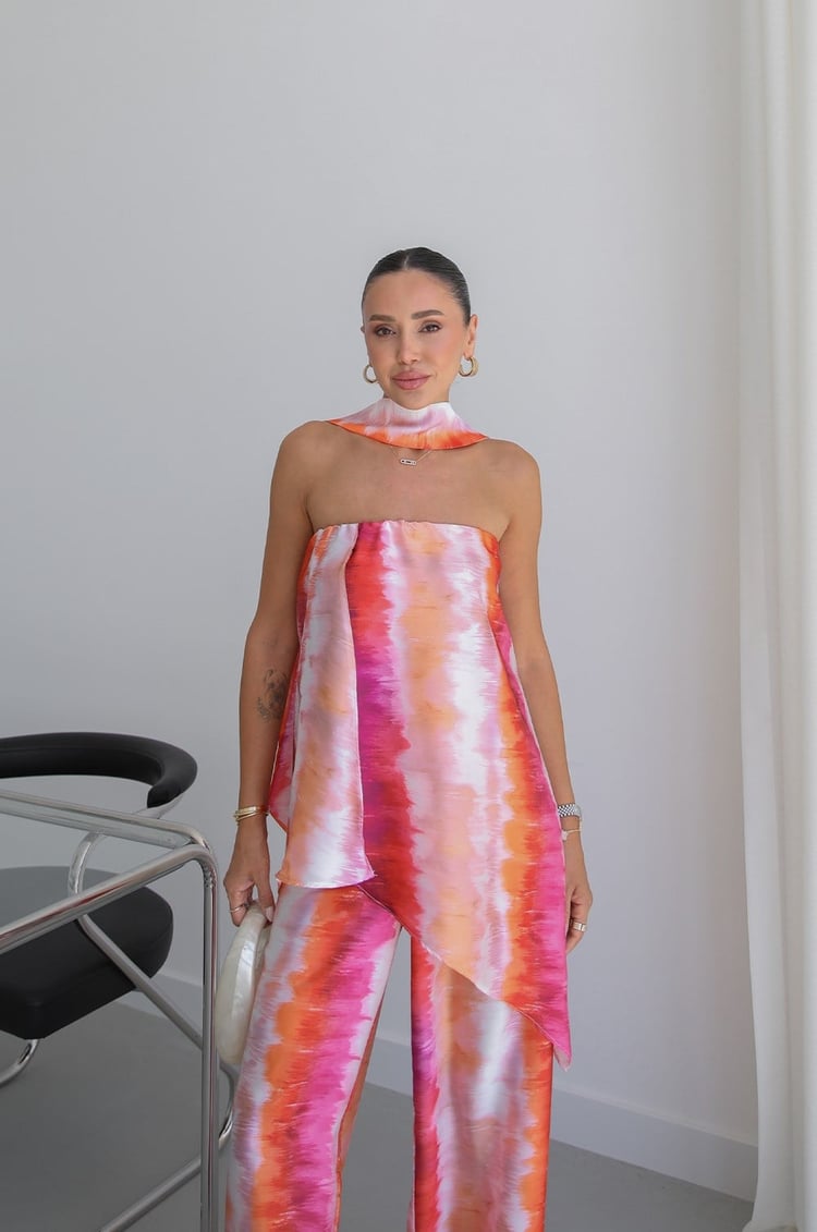Pembe Batik Desen Straplez Bluz Pantolon Takım